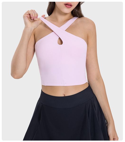 Yoga sports bra with chest pad, breathable quick-dry cross back design for gym running, stylish racerback tank top in solid colors