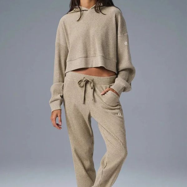 Yoga Sports Two-Piece Set with Hooded Loose Sweatshirt and Long Pants for Women's Gym Workouts