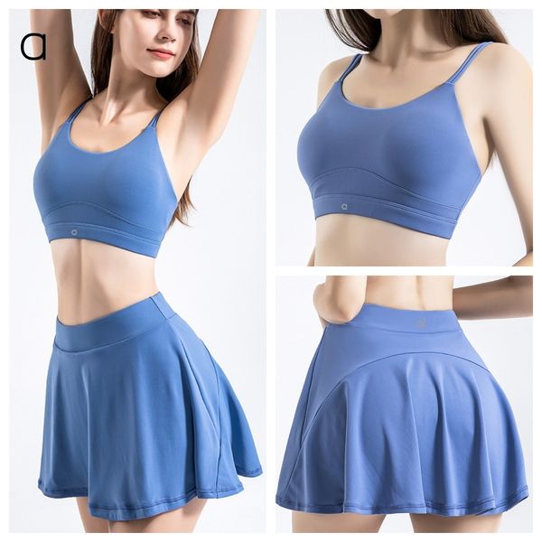 Yoga tennis outfit with sports bra, anti-exposure skirt, and fitness pants set