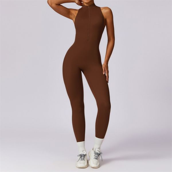 Yoga women's bodysuits with zipper, sleeveless one-piece gym jumpsuits for quick-drying workouts, featuring long pants and sports bras sets for casual fitness wear