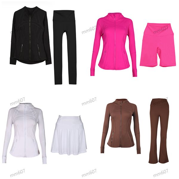Yoga workout set for women featuring jacket, shorts, leggings, and a short flared skirt for fitness and gym wear