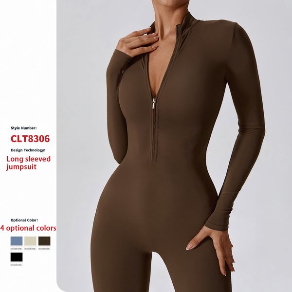 Zipper Nude Long Sleeve Yoga Bodysuit High Intensity Fitness Workout One Piece Leotard